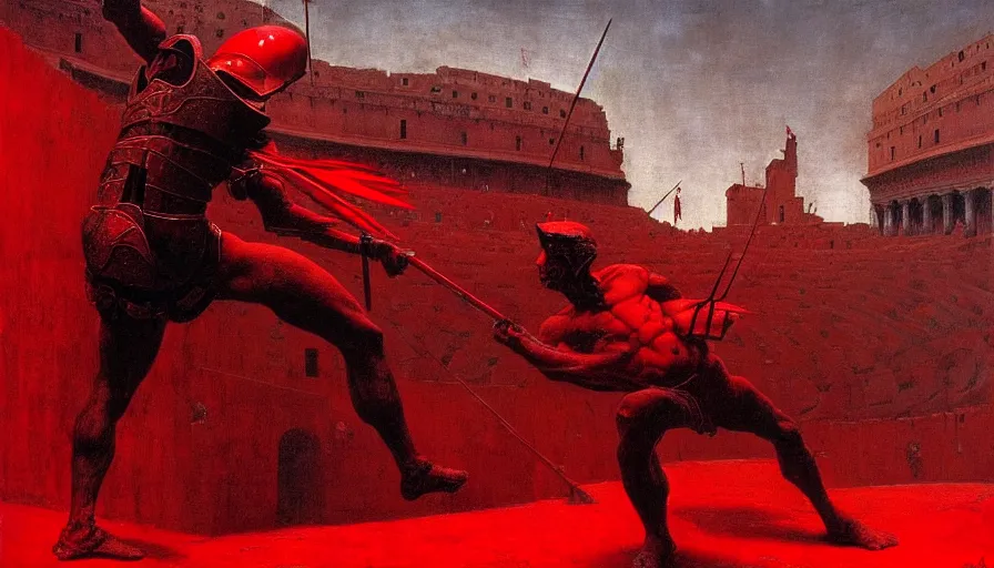 Image similar to only with red, a lightly armored gladiator in a crowded roman amphitheatre, crowd cheering, in the style of beksinski and edward hopper and rodcenko and yue minjun and rolf armstrong, intricate and epic composition, red by caravaggio, highly detailed, masterpiece, red light, artstation