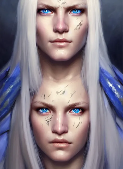 Prompt: a _ fantasy _ style _ portrait _ painting _ of friendly white female paladin with blonde hair and blue eyes,, scar under left eye, holy oil _ painting _ unreal _ 5 _ daz. _ rpg _ portrait _ extremely _ detailed _ artgerm _ greg _ rutkowski _ greg
