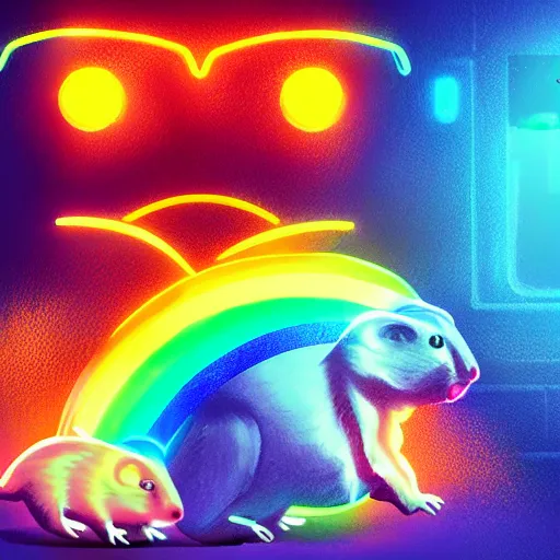 Image similar to cyberpunk hamster! holding rainbow! gem! crystal, neon lights, light reflection, 8 k, hd