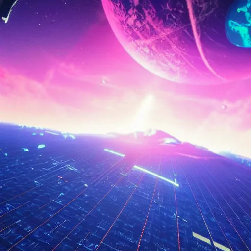 Image similar to earth in space synthwave detailed sharp focus synthwave art aesthetic octane render raw cinematic