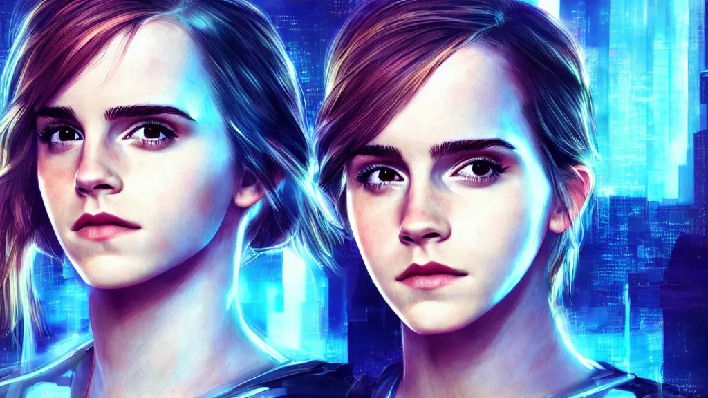 Prompt: Emma Watson, head and shoulders portrait, the background is a huge futuristic city, cyberpunk style futuristic neon lights, artstation cgsociety masterpiece highly-detailed