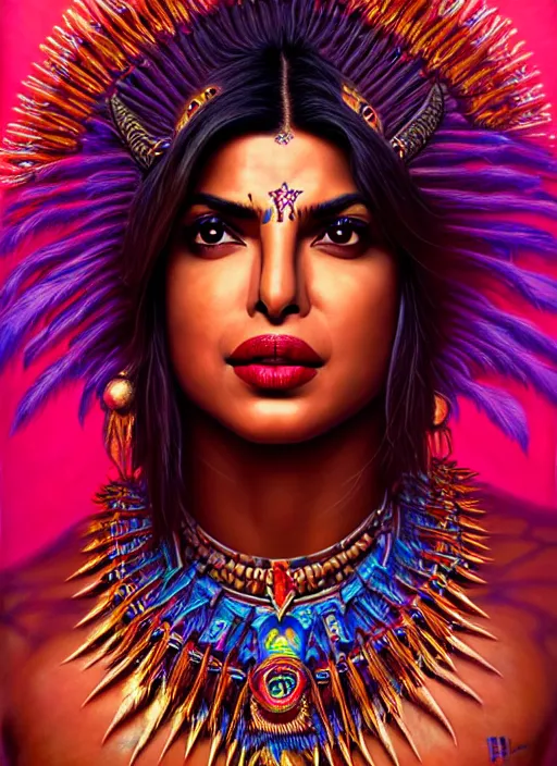 Image similar to portrait of priyanka chopra, hyper detailed ultra sharp aztec shaman warrior. trending on artstation, warpaint aesthetic, bloodwave, colorful, psychedelic, ornate, intricate, digital painting, concept art, smooth, sharp focus, illustration, art by artgerm and greg rutkowski and h. r. giger, 8 k