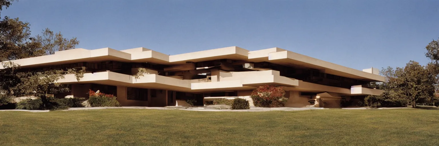 Prompt: midcentury architecture. modernism. wide shot. imagined by frank lloyd wright, photorealistic