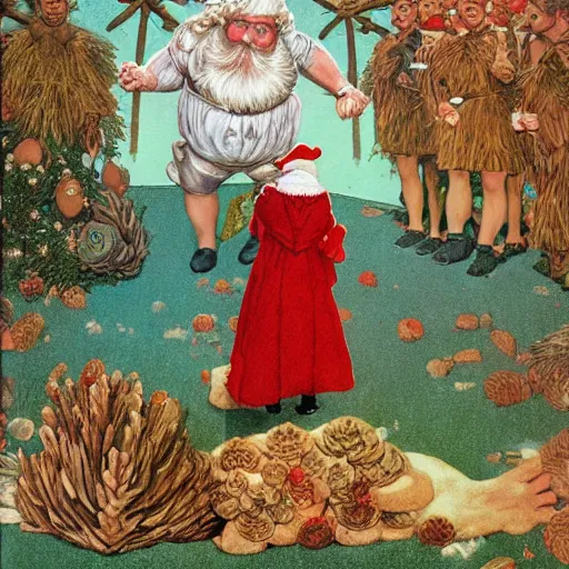 Image similar to illustrated portrait vogue designer Santa Claus Sacrificing the Elves to a Volcano God Altar made of pinecones and fire kenny scharf heinrich lefler giorgio de chirico marc simonetti norman rockwell postcard stamp