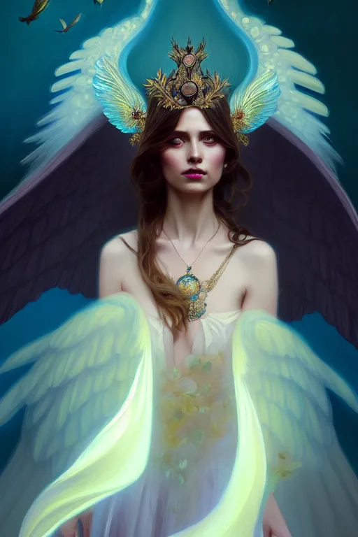 Image similar to beautiful portrait oil painting, ombre velvet gown, beautiful elegant bird woman with wings, portrait, dramatic light on face, long hair, tiara, dozens of jeweled necklaces, by greg rutkowski, brom, anato finnstark, alphonse mucha, oil painting, highly detailed, cinematic lighting, unreal,