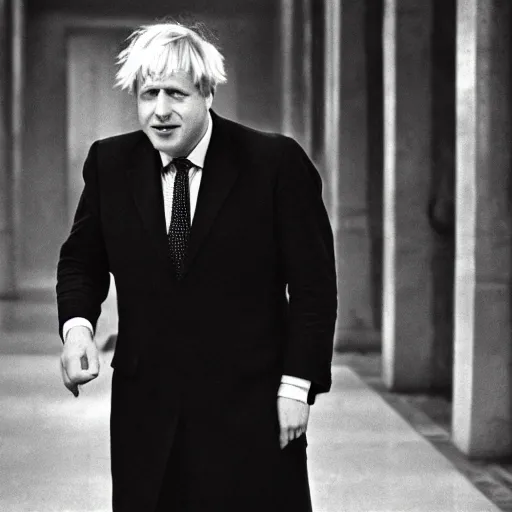 Prompt: Boris Johnson as Amon Göth in Schindler's List, cinematic, sharp focus, movie still, atmospheric, 8k, black and white, dramatic