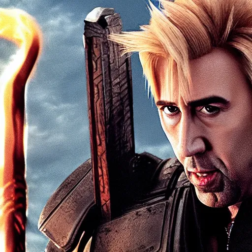 Prompt: buff nic cage playing cloud strife, movie still, digital photography, high quality