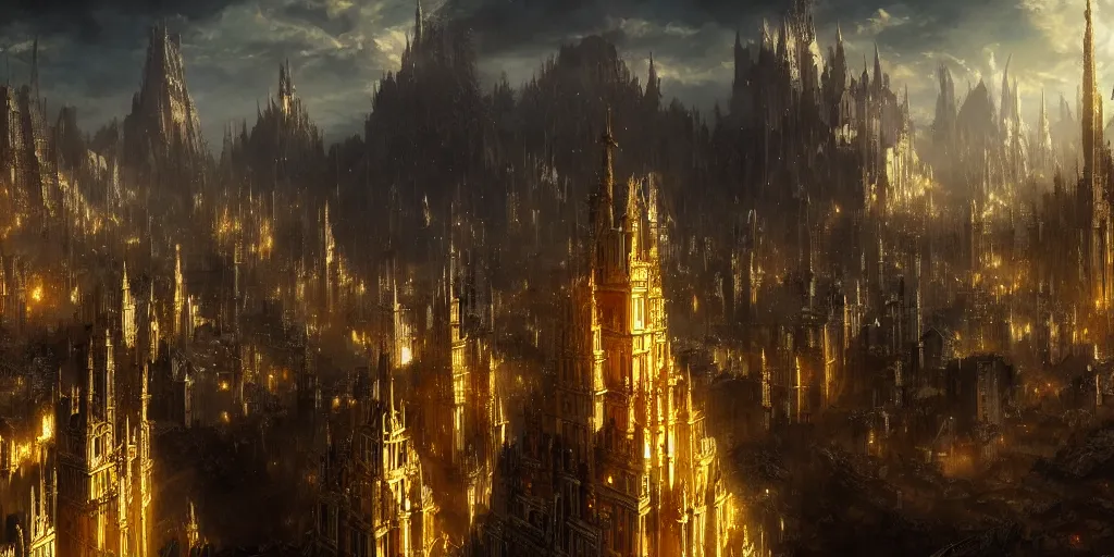 Image similar to majestic epic elven city made of gold, high towers. In style of Yoji Shinkawa and Hyung-tae Kim, trending on ArtStation, Greg Rutkowski, dark fantasy, great composition, concept art, highly detailed, scenery, 8K.