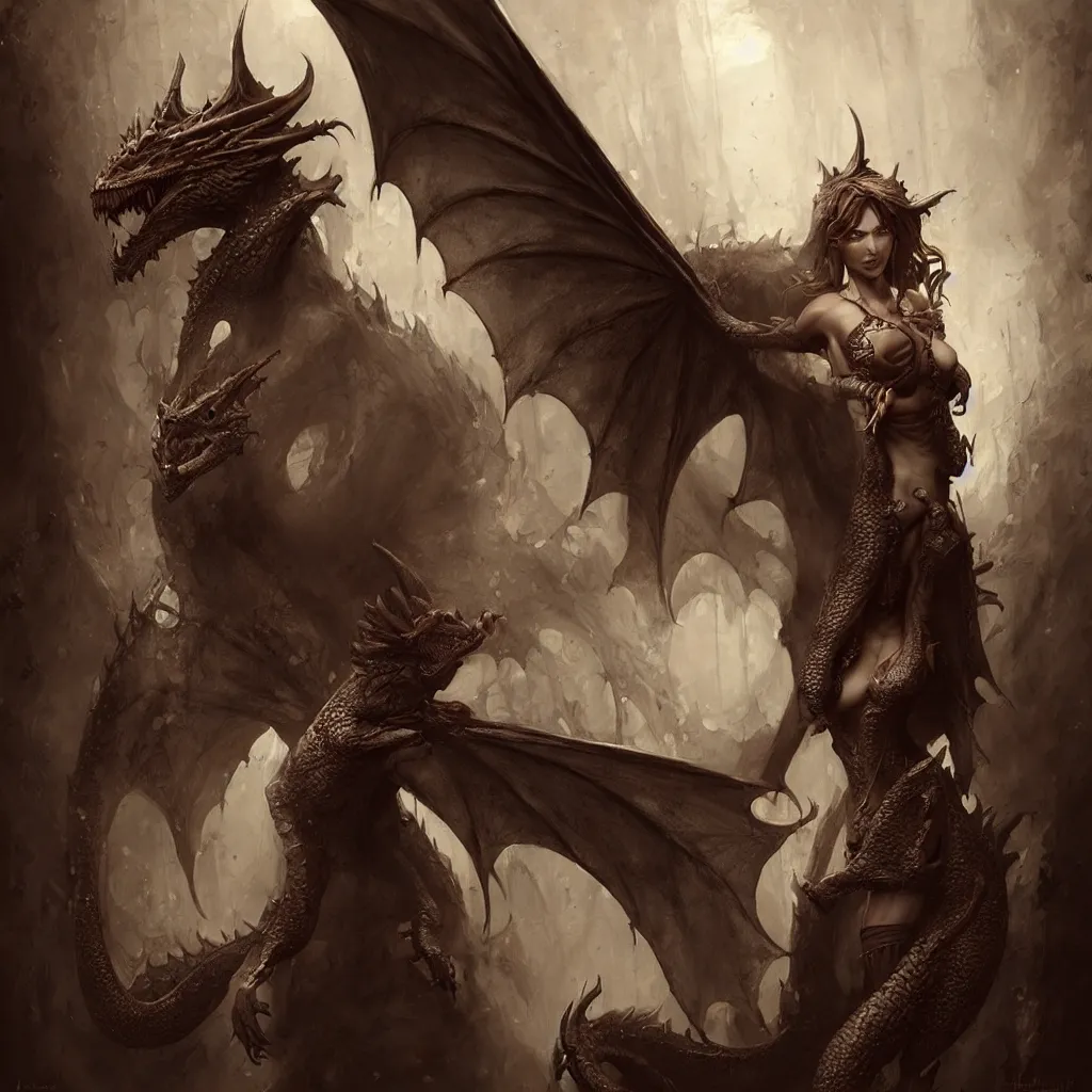 Image similar to a woman in a costume with a dragon, an ultrafine detailed painting by Bastien Lecouffe-Deharme, featured on zbrush central, fantasy art, zbrush, detailed painting, ambient occlusion