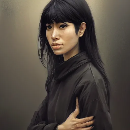 Image similar to Portrait of a woman by Greg Rutkowski, she is about 30 years old, mixture between korean, indian and arabian, pretty, black straigh hair with bangs, attractive, tall and slim, she is wearing beigen and black utilitarian jumpsuit, highly detailed portrait, scifi, digital painting, artstation, concept art, smooth, sharp foccus ilustration, Artstation HQ