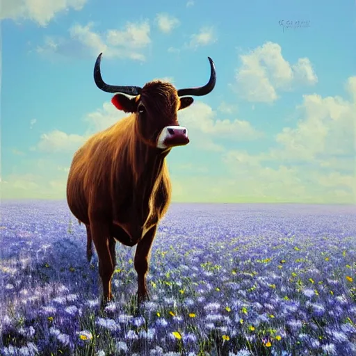 Prompt: Hyper realistic oil painting of a cow standing in the middle of a field of daisies, blue sky, high contrast, by greg rutkowski, trending on artstation