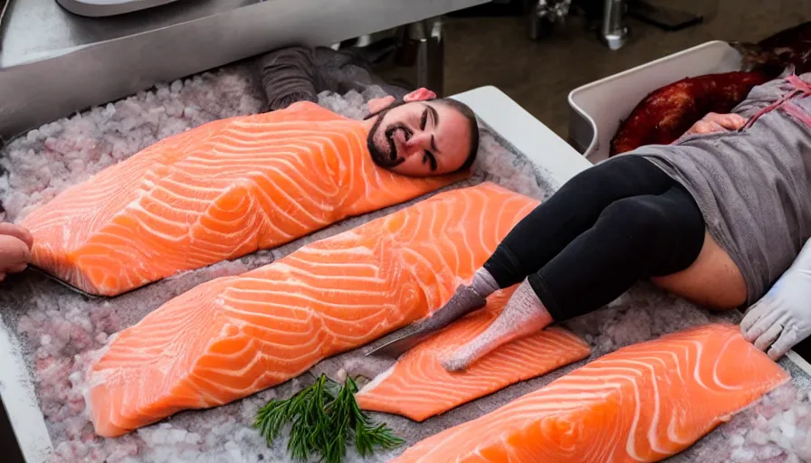 Image similar to person cuddling a flank of salmon being cut, person asleep in a salmon-meat bed and salmon body pillows
