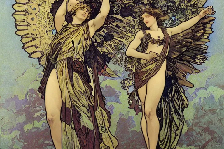 Prompt: A Nike Goddess of Victory with wings by Alphonse Mucha and Yoji Shinkawa in the syle of Art Noveau