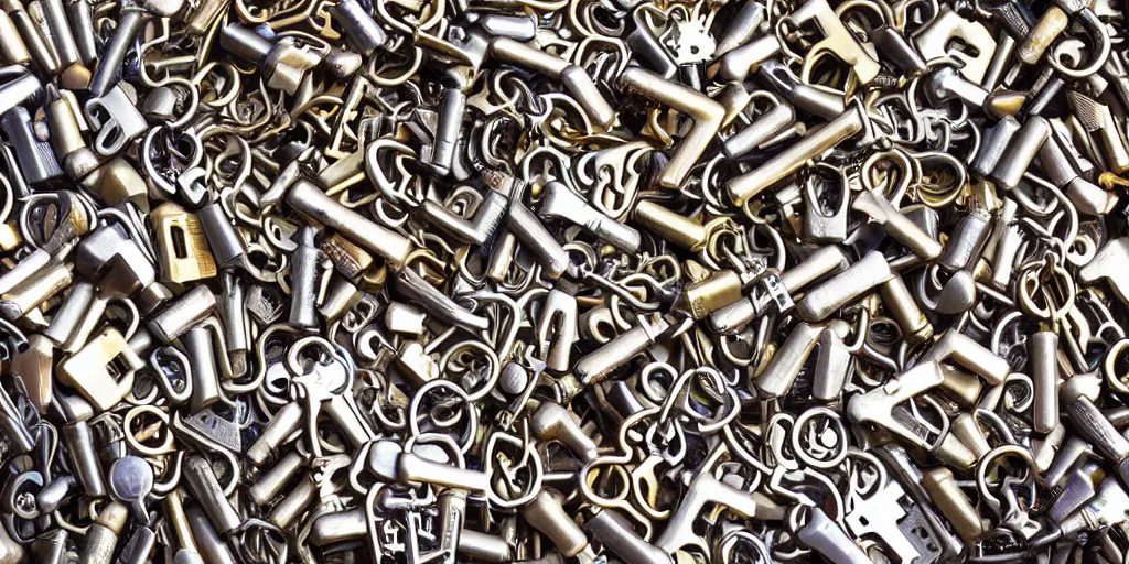 Image similar to heap of 3 0 keys of different sizes and styles, unsorted product photo, wallpaper, high detail
