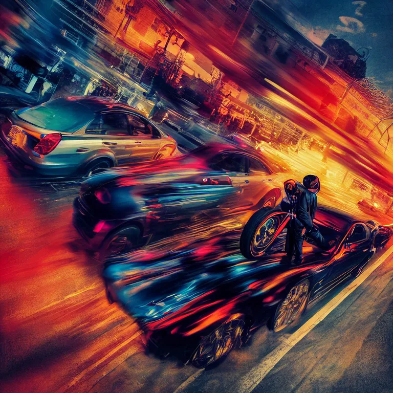 Image similar to street racing packshot by vermeer, highly detailed, saturated colors, fashion