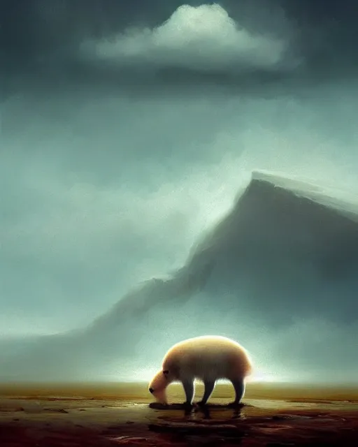 Prompt: white capybara at a cold tundra land, surreal photography, dramatic, impressionist painting, colorful clouds, digital painting, artstation, kilian eng, john harris, bastien lecouffe - deharme, simon stalenhag, flower face