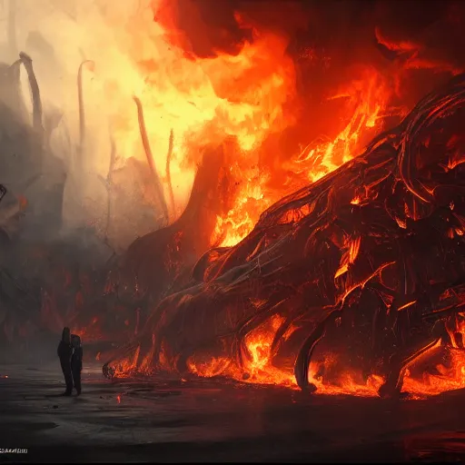 Image similar to A firey, hellish world with black ivory skeletons, dynamic lighting, cinematic, ultra detailed, creative, stunning visuals, hyperrealism, trending on art station