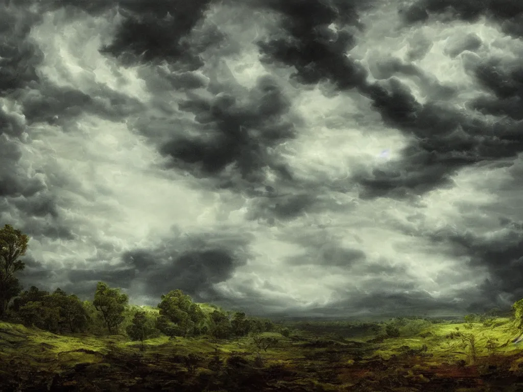 Image similar to detailed landscape, forests. very detailed dark super storm, hyper realistic clouds, impressive, magical, very atmospheric, smoke boiling, cinematic, deep, very high complexity, stunning, masterpiece, chiaroscuro, in the style of caspar david friedrich and laura den hertog and michael creese, very detailed. 4 k