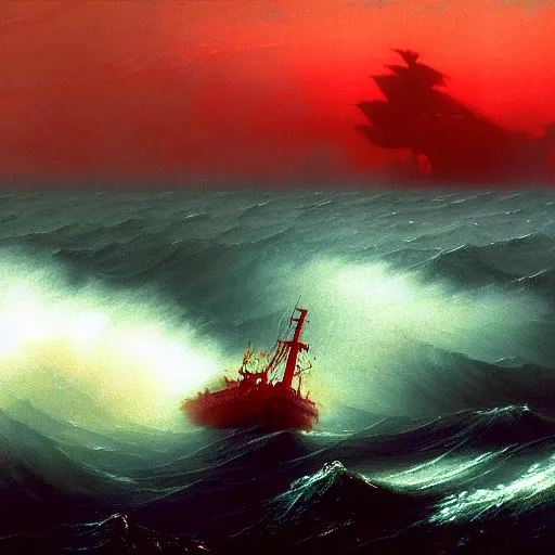 Prompt: bloody ocean, rusted iron ship sinking in red blood ocean, by Ivan Aivazovsky, junji ito, hd 8k, hideaki anno