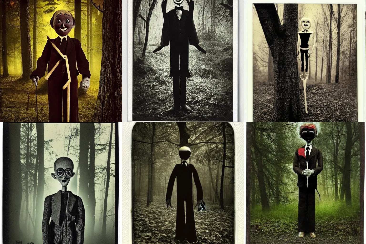 Image similar to A highly detailed masterpiece eerie polaroid of a ventriloquist dummy standing behind a tree in the woods horror, scary, terrifying, horrific, nighttime, dimly lit, creepy hd 4k