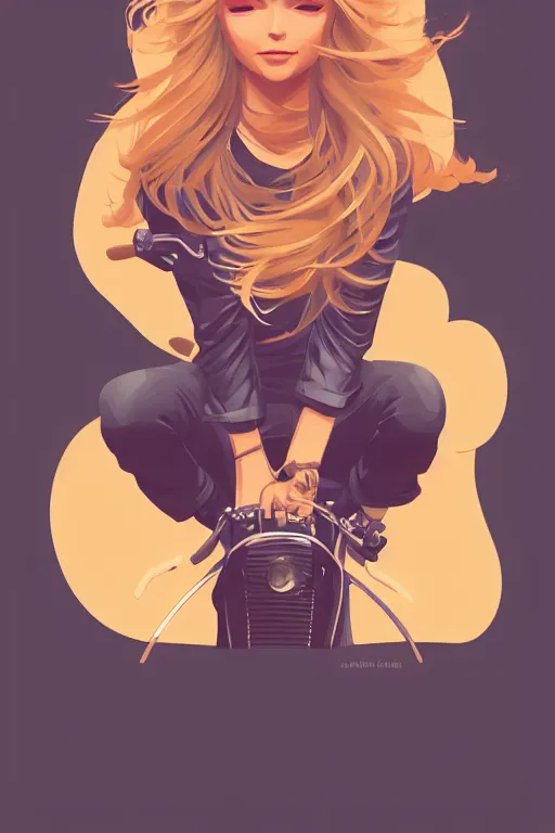 Image similar to a girl on a motorcycle, blond hair, centered, solid bacgkround, median photoshop filter cutout vector behance, hd by artgerm, jesper ejsing, by rhads, makoto shinkai and lois van baarle, ilya kuvshinov, rossdraws, illustration, art by ilya kuvshinov and gustav klimt