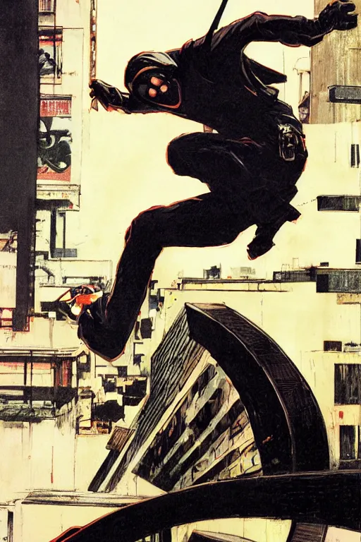 Image similar to a ninja jumping from the roof on a rainy night by syd mead, boneface, kevin eastman