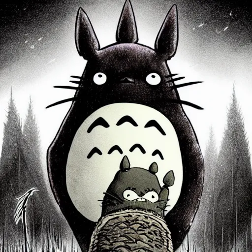 Image similar to totoro in a black metal band in the middle of the forest, fantasy digital art, wow, stunning, ghibli style, hight quality