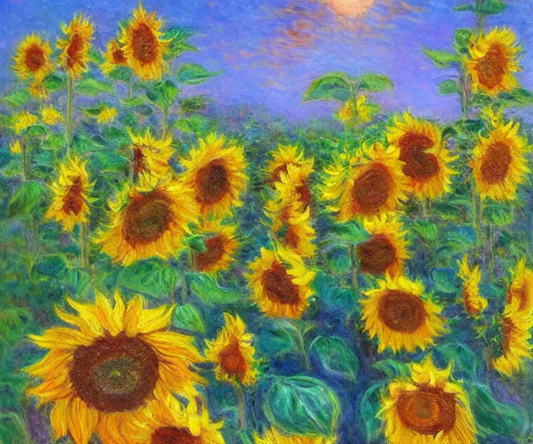 Image similar to sunflowers, monet, oil painting, bright colors, sunlight, happy, peaceful, serene, joy