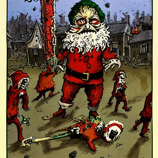 Image similar to Zombie Santa Claus attacking a village, Ralph Steadman, bloody