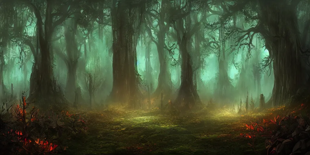 Image similar to beautiful matte painting of a fantasy dark forest at night