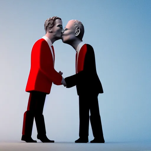 Image similar to a 3d render of mark zuckerburg kissing donald trump, in the style of beeple,