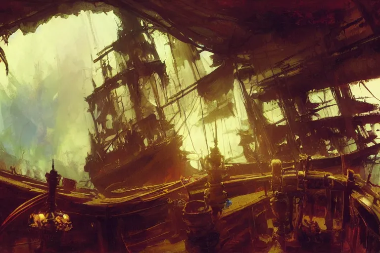 Image similar to pirate ship cabin interior, intricate, elegant, highly detailed, vivid colors, john harris, frazetta, tyrus wong, ruan jia, jeffrey catherine jones