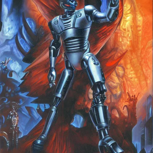 Image similar to robocop fighting demons in the underworld by jeff smith and julie bell, oil painting