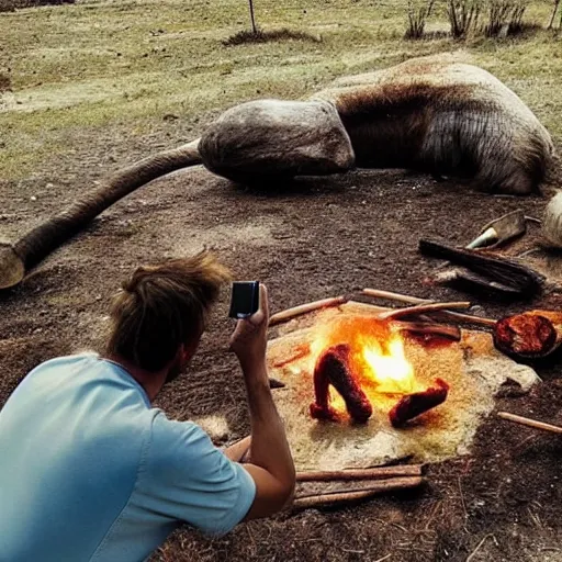 Prompt: “color photo of a Neanderthal with no cloth man taking an iPhone photo of a mammoth cooking on the grill, National Geographic , anthropology photo”