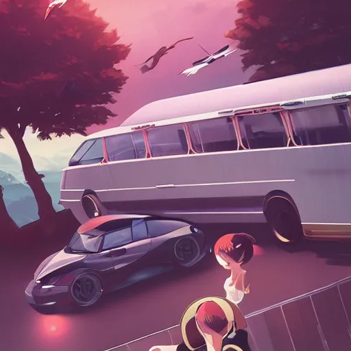 Prompt: a beautiful sport car jumping in the air over a bus in bordeaux, matte painting, art, detailed, sharp focus, dramatic, cinematic, realistic, coherent, lois van baarle, ilya kuvshinov, rossdraws