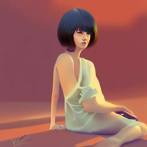 Prompt: poet sitting under the sun digital painting by Ilya Kuvshinov