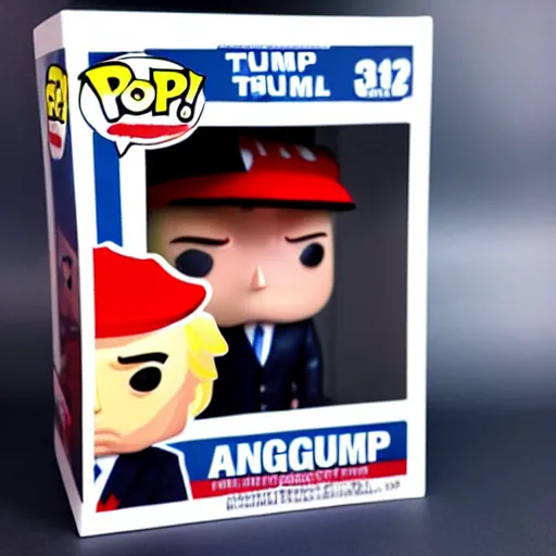 Image similar to funko pop of donald trump, angry expression, pecked lips,