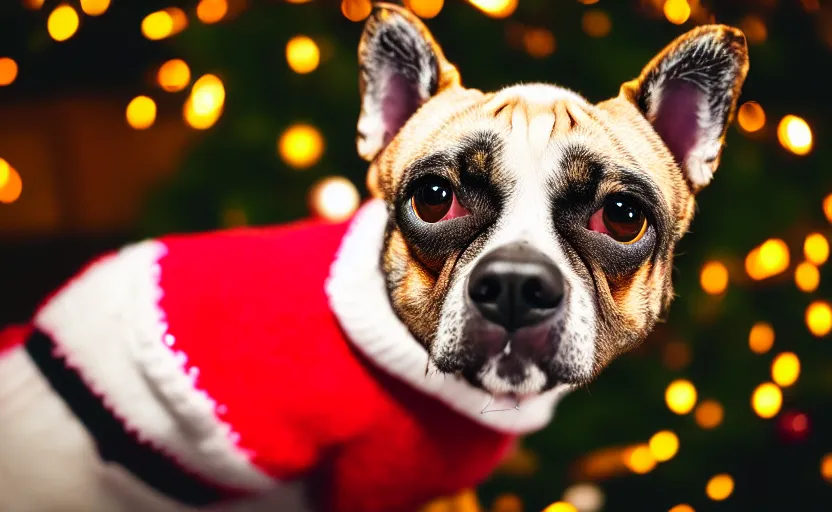 Image similar to studio photography of a dog wearing a christmas sweater, detailed face, cinematic lighting, 8 k