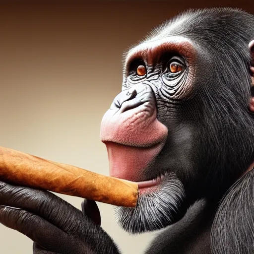 Image similar to a high detail shot of a chimp wearing a suit, smoking a cigar, render, cgsociety, photorealism