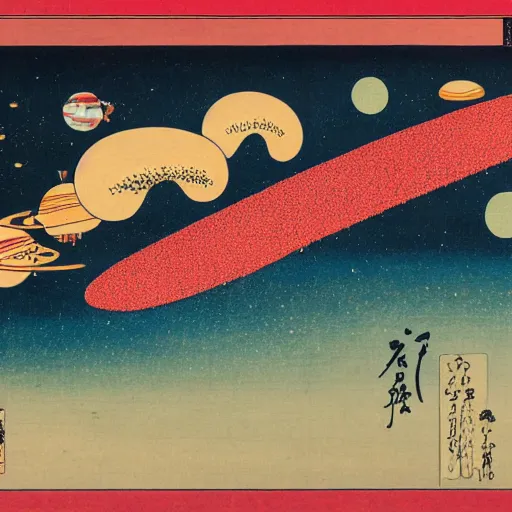 Image similar to A planet collision in the style of Ukiyo-e, explosions, outer space, aerial view