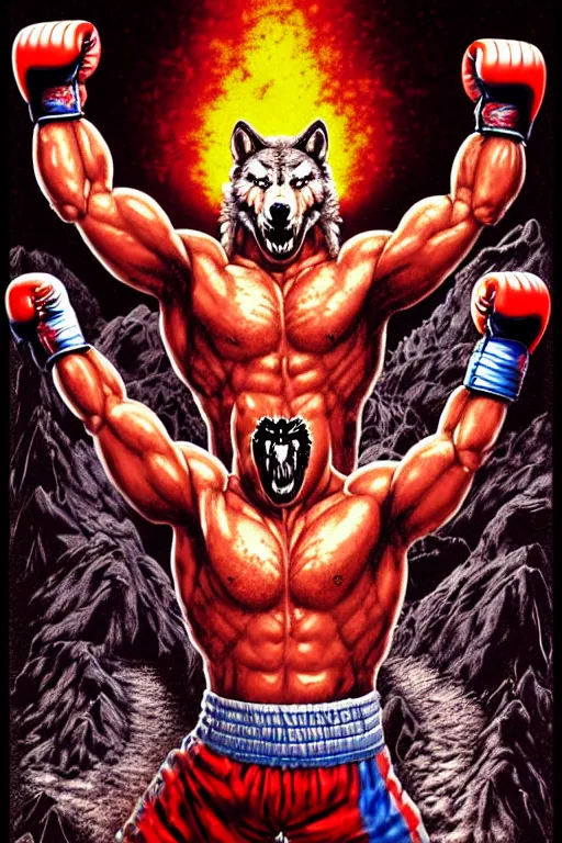 Prompt: extreme long shot. ultra jpeg compression. 8 bit nes graphics. 8 0's. vhs artefacts. antropomorphic muscular masculine wolf. kickboxer fighter, in shorts. wolf head. angry. fine details, very sharp, art from nes game cartridge, vaporwave style, marc simonetti and hermann nitsch and anish kapoor.
