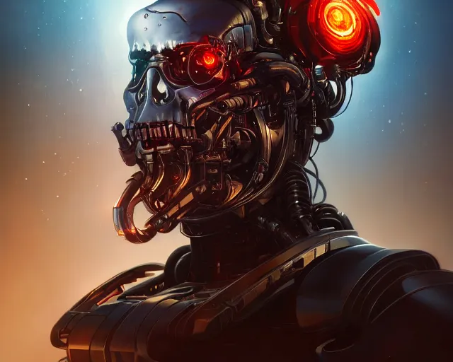 Image similar to terminator cyborg, photography of kurzgesagt, deep focus, d & d, fantasy, intricate, elegant, highly detailed, digital painting, artstation, concept art, matte, sharp focus, illustration, hearthstone, art by artgerm and greg rutkowski and alphonse mucha