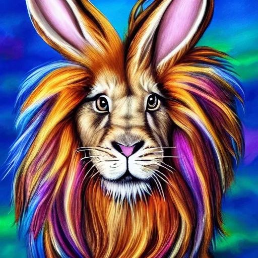 Image similar to cute fluffy tan lop eared bunny rabbit with long colorful flowing lion mane with mohawk hairstyle hybrid animal detailed painting 4 k