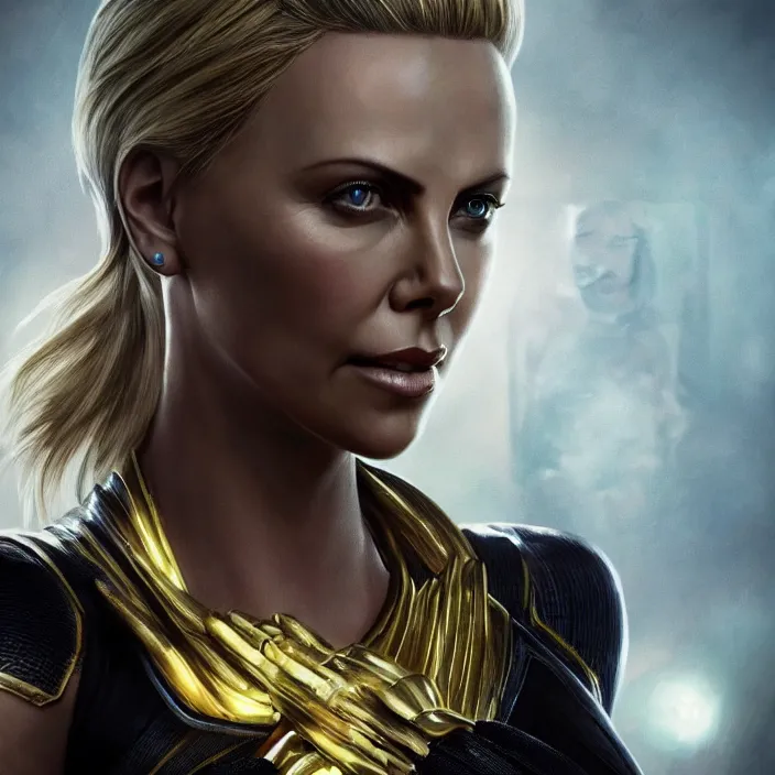 Image similar to portrait of Charlize Theron, wearing The Infinity Gauntlet. intricate artwork. octane render, trending on artstation, very coherent symmetrical artwork. avengers. thanos. cinematic, hyper realism, high detail, octane render, 8k, iridescent accents