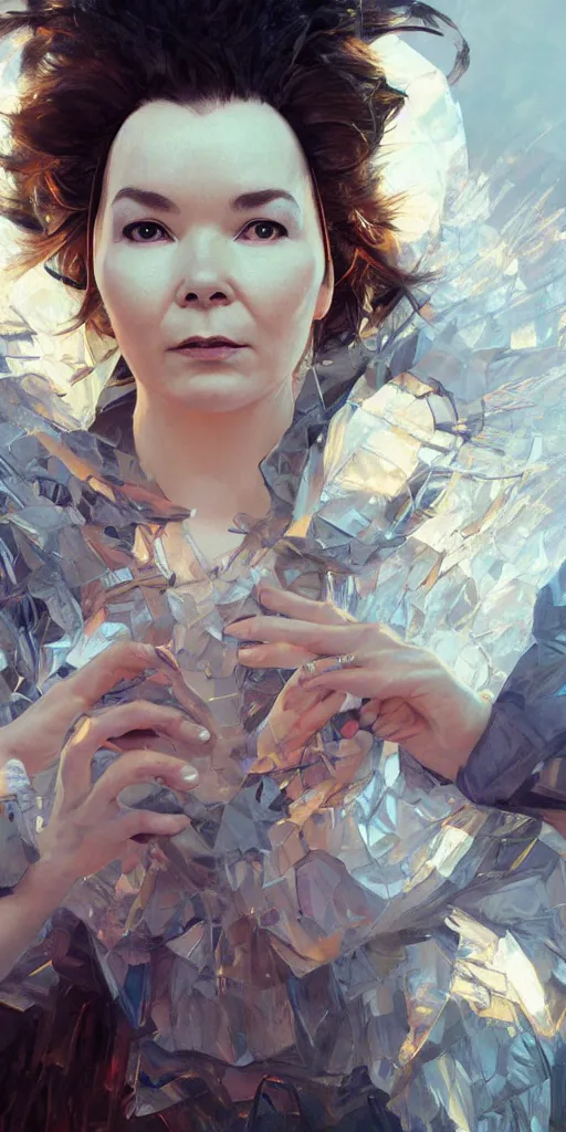 Prompt: bjork wearing a doctor who cosplay, digital painting, artstation, portrait, close - up, matte, sharp focus, illustration, art by greg rutkowski and alphonse mucha