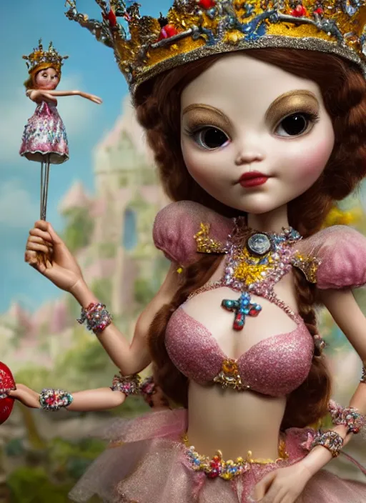 Image similar to highly detailed closeup, profile portrait of a tin toy fairytale princess wearing a crown, bikini, unreal engine, nicoletta ceccoli, mark ryden, earl norem, lostfish, global illumination, detailed and intricate environment