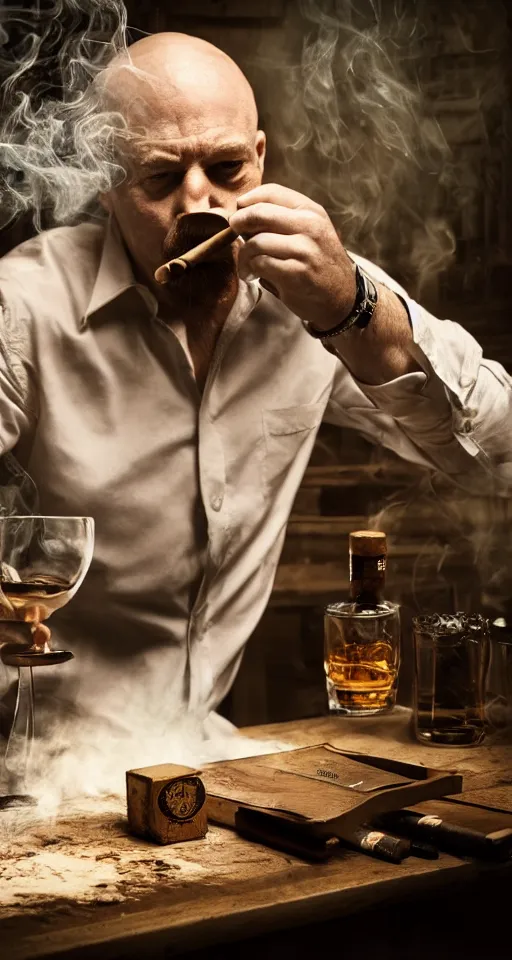 Prompt: man sitting alone at a large table, smoking a cigar and drinking whiskey with long hair and a dirty ripped white shirt, horror, gothic, lovecraftian, 4 k, realistic, high detail, gruesome