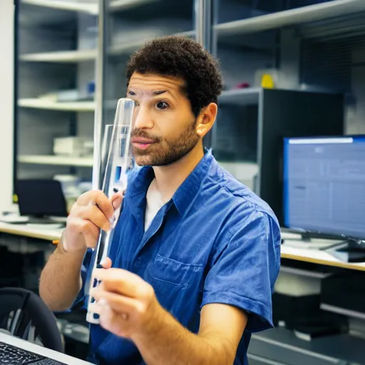 Prompt: professional stock photo of a scientist in a computer lab, holding a test tube and looking at it