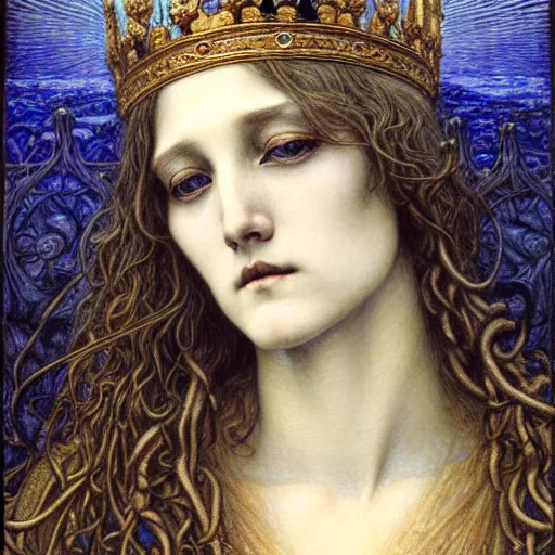 Image similar to detailed realistic beautiful young medieval queen face portrait by jean delville, gustave dore and marco mazzoni, art nouveau, symbolist, visionary, gothic, pre - raphaelite. horizontal symmetry