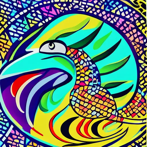 Image similar to A beautiful computer art of a large, colorful bird with a long, sweeping tail. The bird is surrounded by swirling lines and geometric shapes in a variety of colors Pizza Hut, cubic zirconia by William Gropper romantic